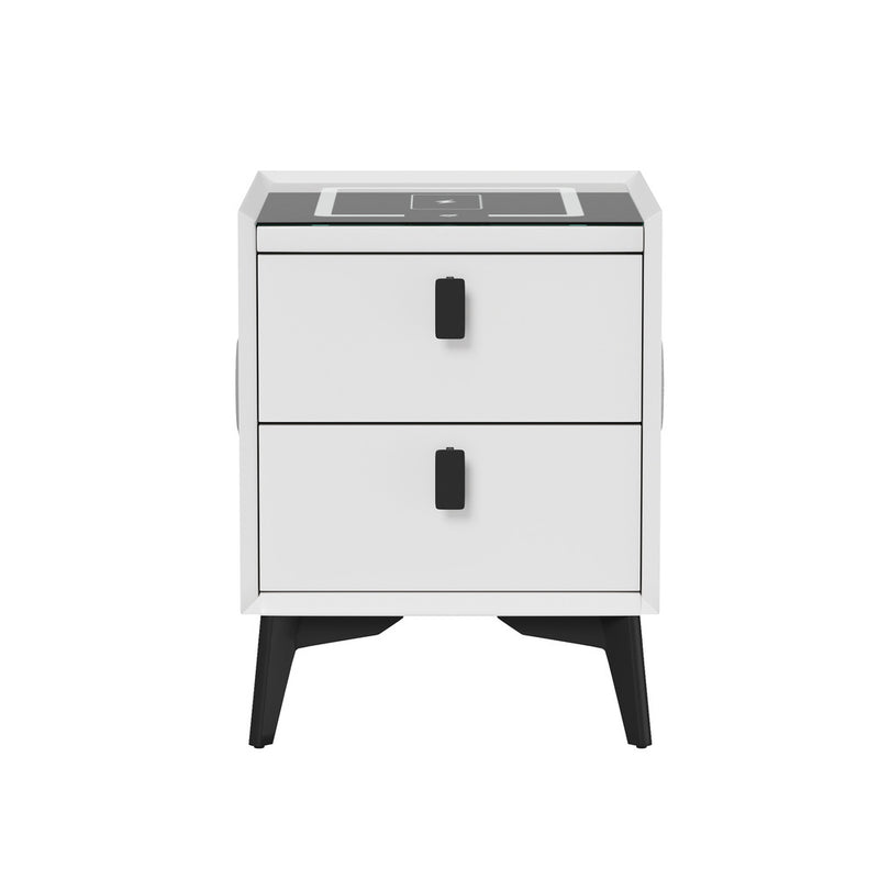 Oikiture Smart Bedside Table Wireless Charging LED 2 Drawers White