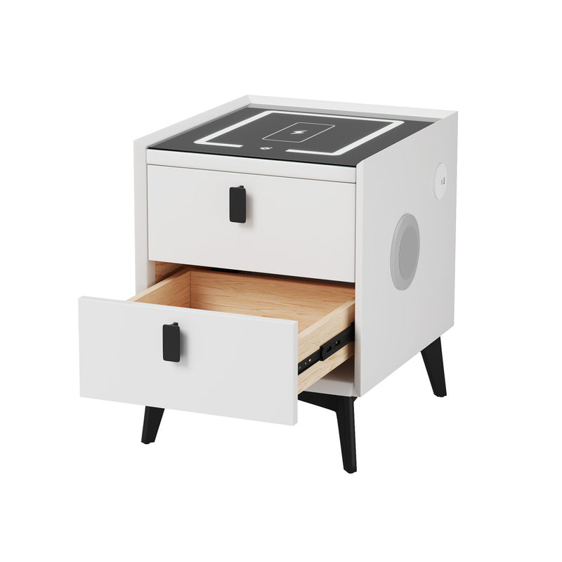 Oikiture Smart Bedside Table Wireless Charging LED 2 Drawers White