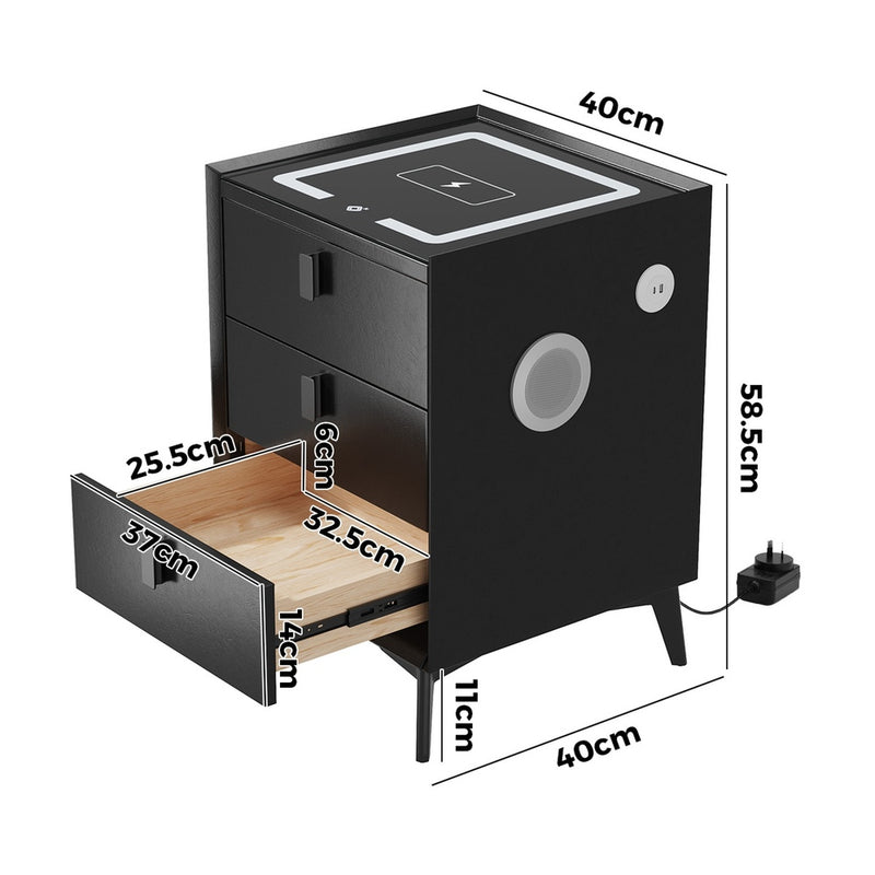 Oikiture Smart Bedside Table Wireless Charging LED Lights 3 Drawers Black