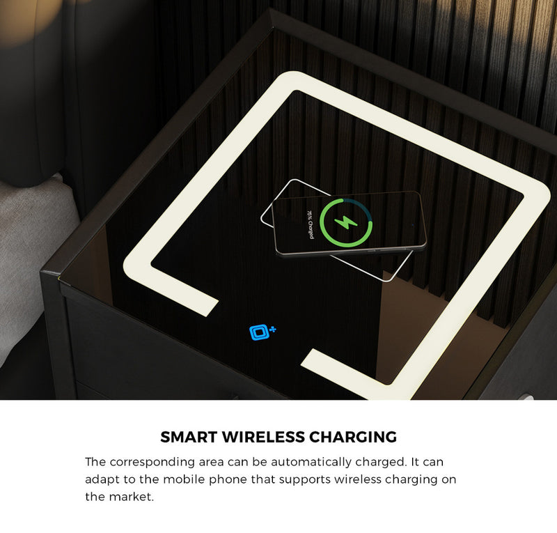 Oikiture Smart Bedside Table Wireless Charging LED Lights 3 Drawers Black