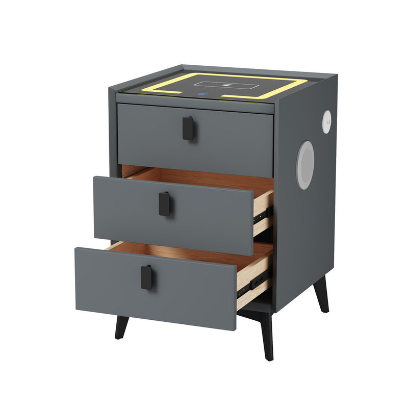 Oikiture Smart Bedside Table Wireless Charging LED Lights 3 Drawers