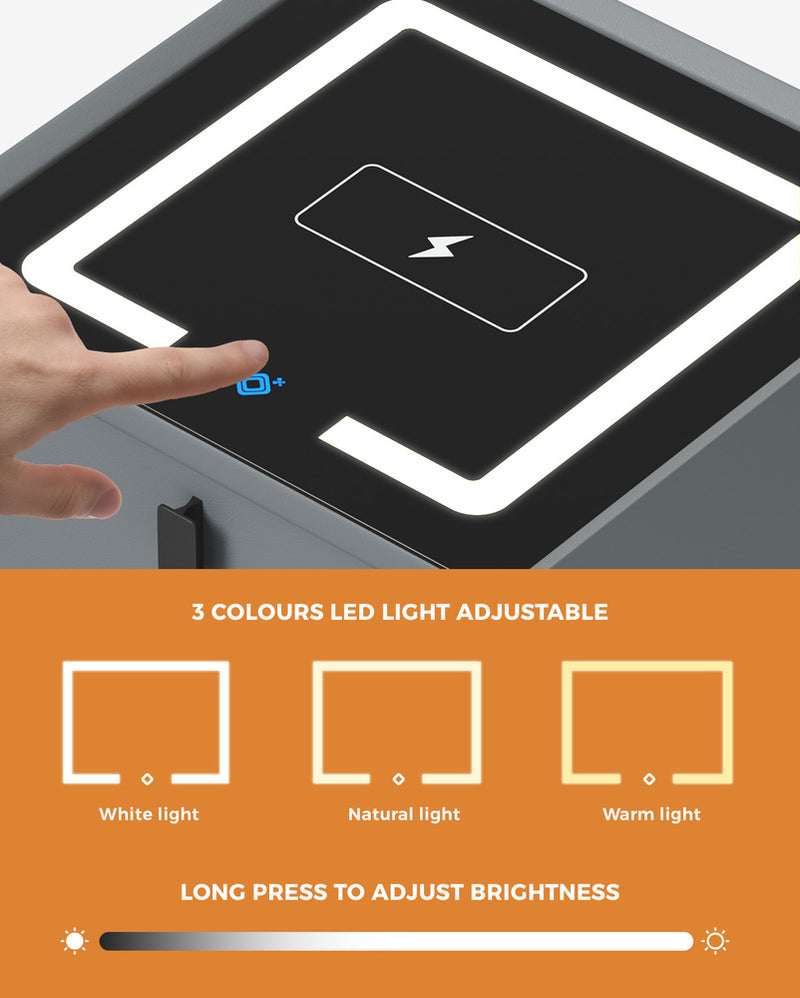 Oikiture Smart Bedside Table Wireless Charging LED Lights 3 Drawers