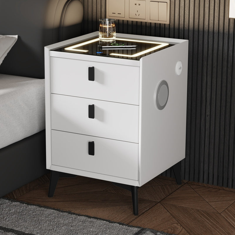 Oikiture Smart Bedside Table Wireless Charging LED 3 Drawers White