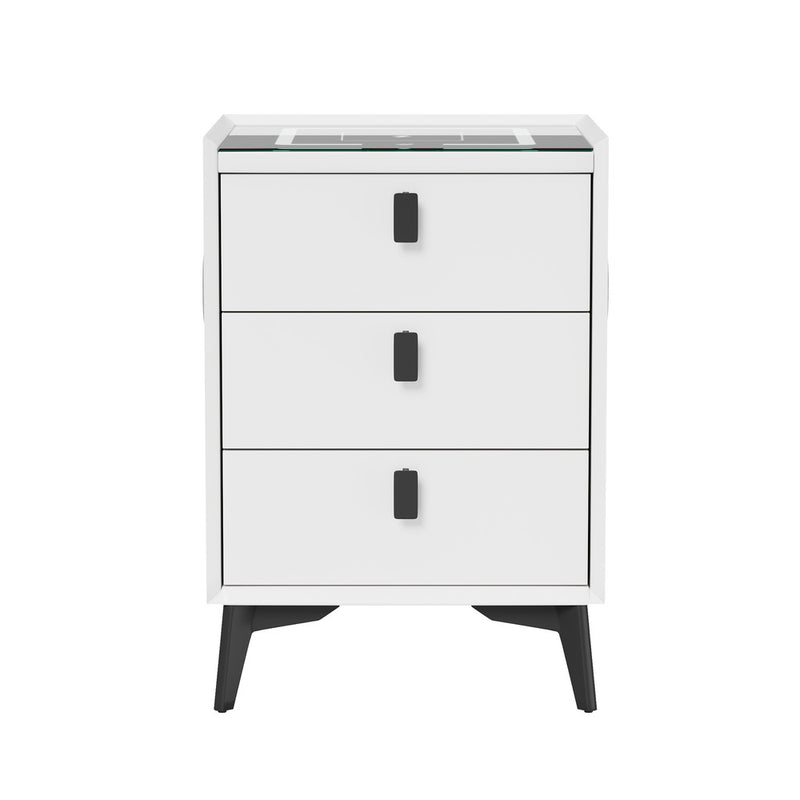 Oikiture Smart Bedside Table Wireless Charging LED 3 Drawers White