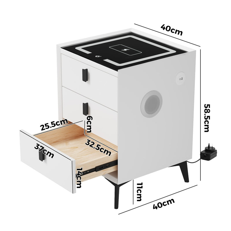 Oikiture Smart Bedside Table Wireless Charging LED 3 Drawers White