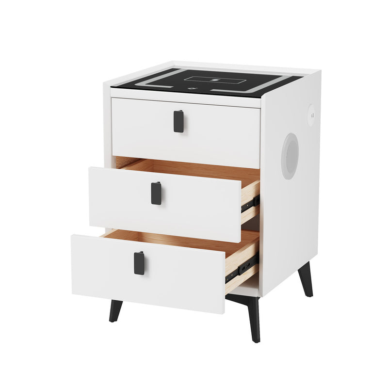 Oikiture Smart Bedside Table Wireless Charging LED 3 Drawers White