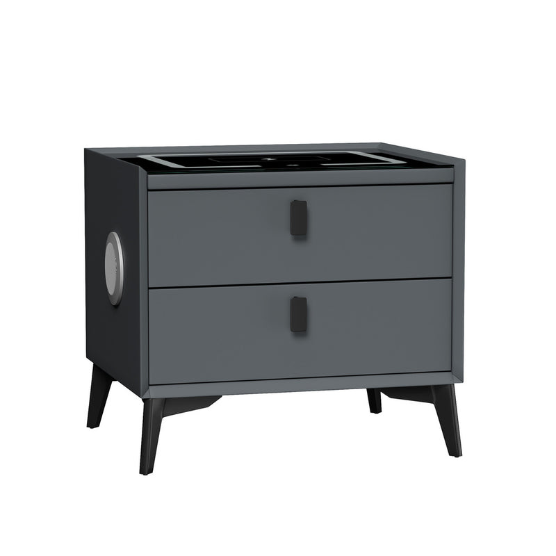 Oikiture Smart Bedside Table Wireless Charging LED 2 Drawers Grey
