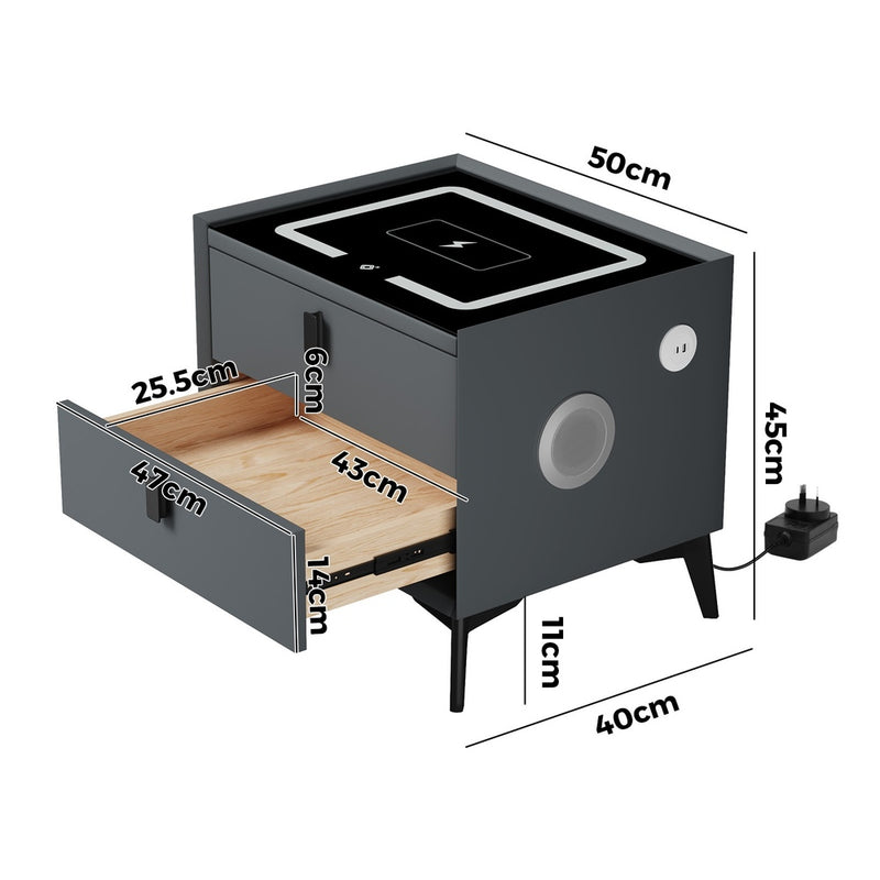 Oikiture Smart Bedside Table Wireless Charging LED 2 Drawers Grey