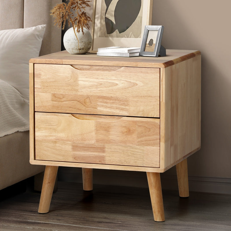 Oikiture Bedside Table 2 Drawers Storage Nightstand Solid Wood Natural