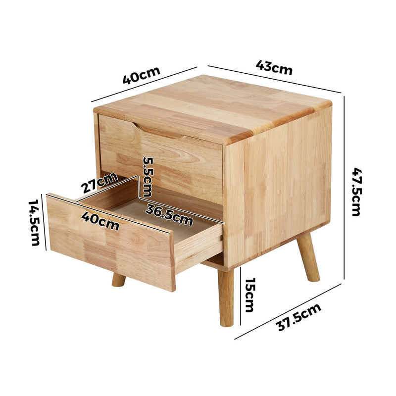 Oikiture Bedside Table 2 Drawers Storage Nightstand Solid Wood Natural