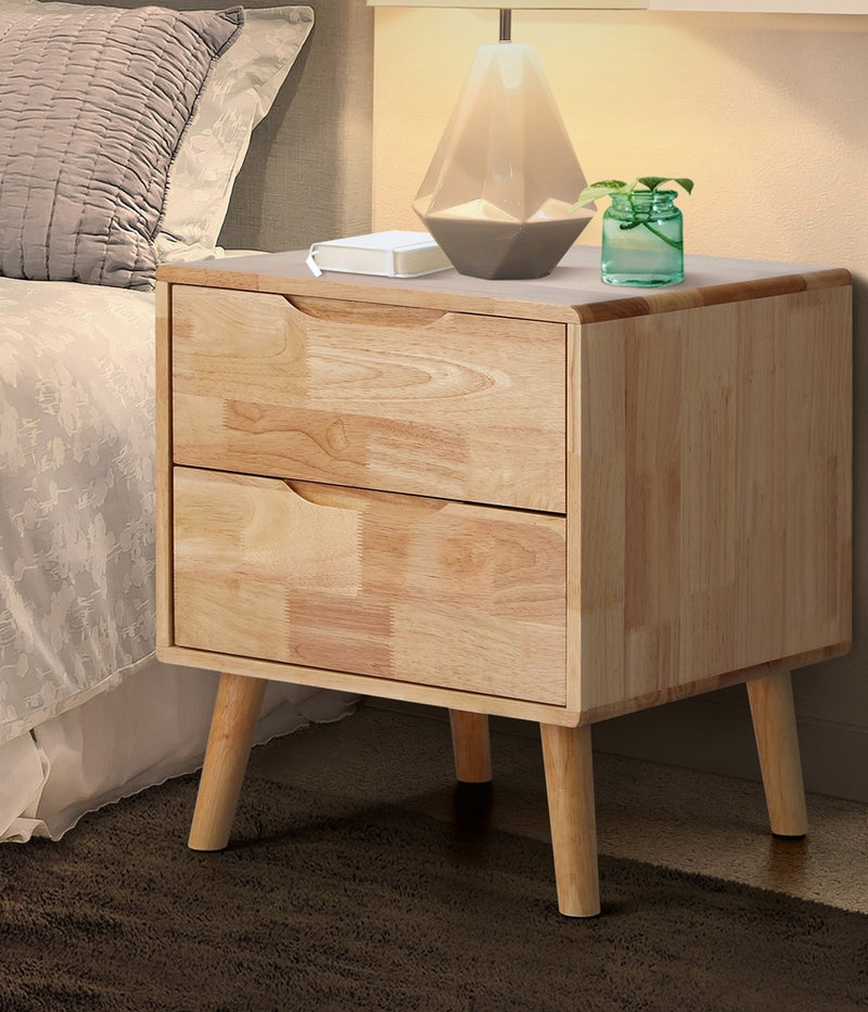 Oikiture Bedside Table 2 Drawers Storage Nightstand Solid Wood Natural