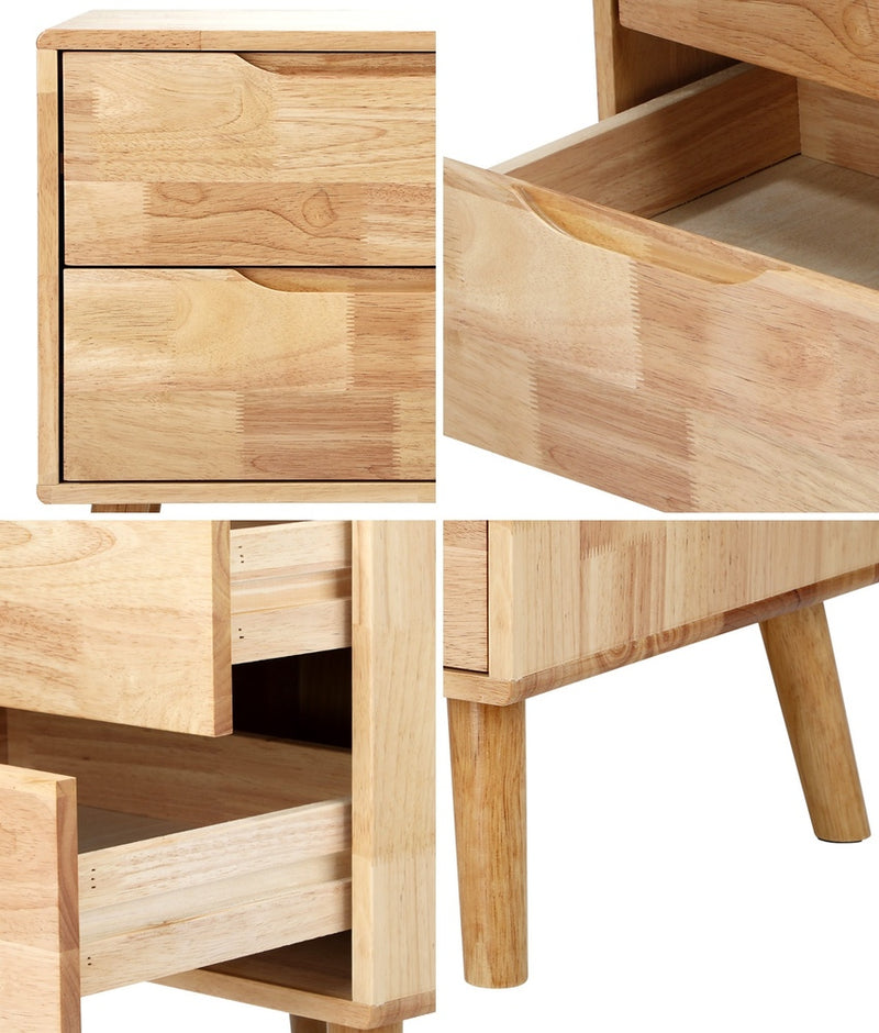 Oikiture Bedside Table 2 Drawers Storage Nightstand Solid Wood Natural