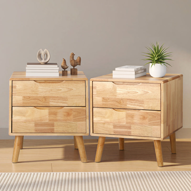 Oikiture 2pc Bedside Tables 2 Drawers Storage Nightstand Wood Natural
