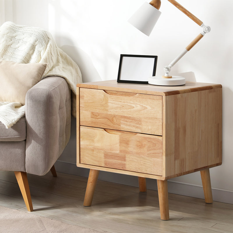 Oikiture 2pc Bedside Tables 2 Drawers Storage Nightstand Wood Natural