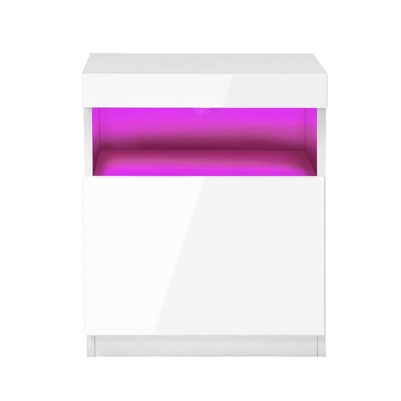Oikiture Bedside Table LED Shelf High-gloss Front White