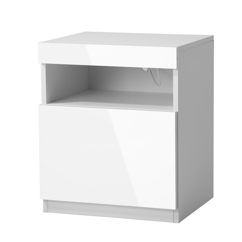 Oikiture Bedside Table LED Shelf High-gloss Front White