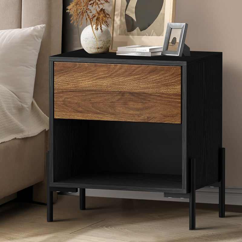 Oikiture Bedside Table Drawer Nightstand Storage Walnut and Black