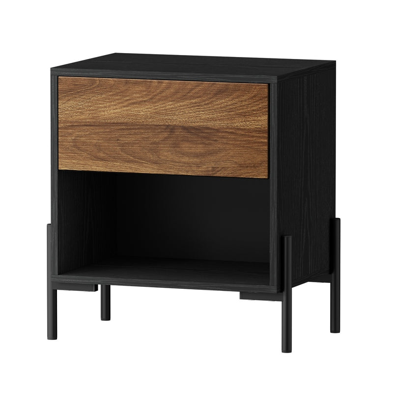 Oikiture Bedside Table Drawer Nightstand Storage Walnut and Black