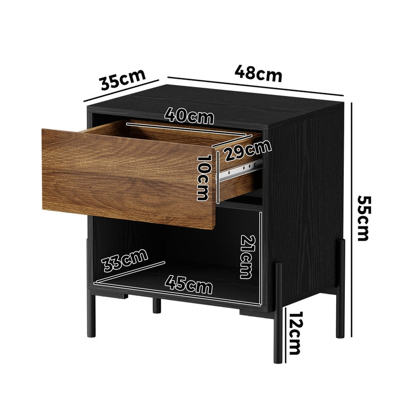 Oikiture Bedside Table Drawer Nightstand Storage Walnut and Black