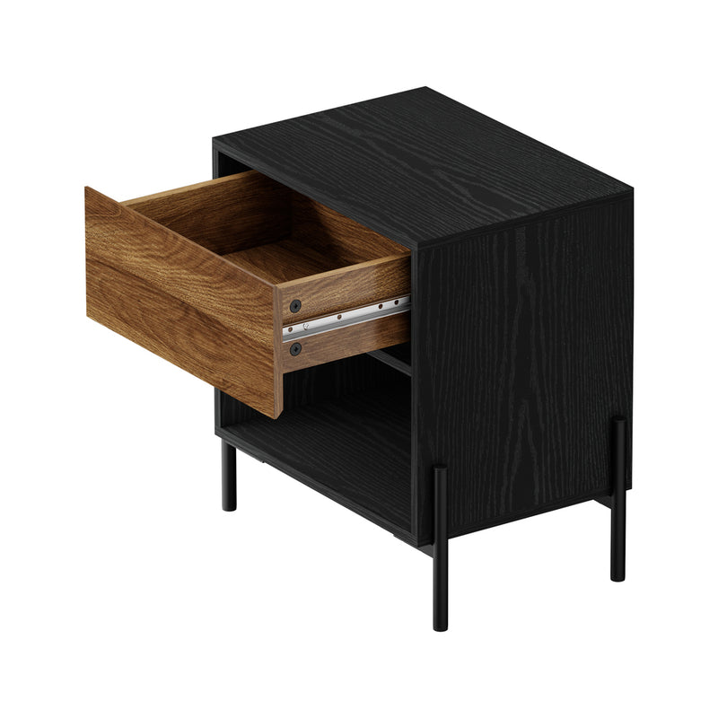 Oikiture Bedside Table Drawer Nightstand Storage Walnut and Black