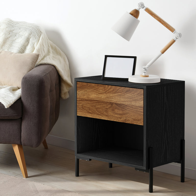 Oikiture Bedside Table Drawer Nightstand Storage Walnut and Black
