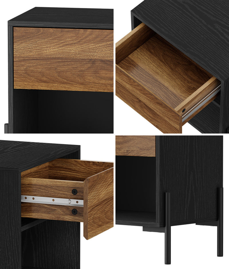 Oikiture Bedside Table Drawer Nightstand Storage Walnut and Black