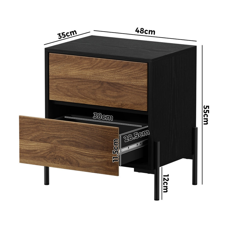 Oikiture Bedside Table 2 Drawers Side End Nightstand Walnut