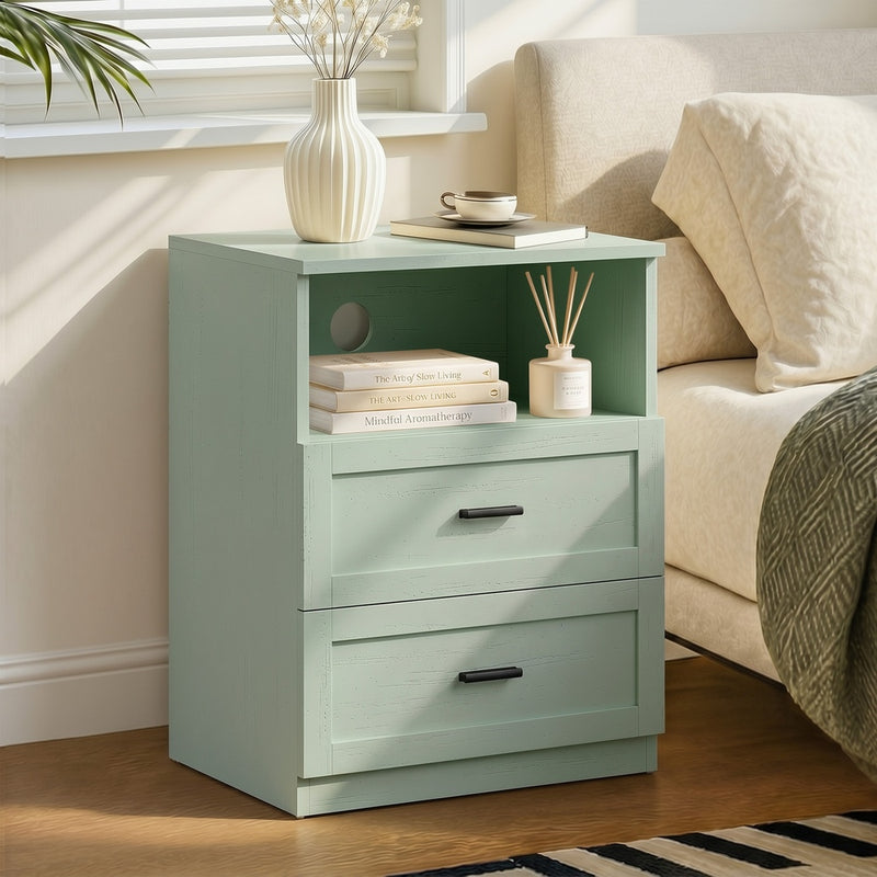 Oikiture Bedside Table 2 Drawers Open Shelf Nightstand Cabinet Green