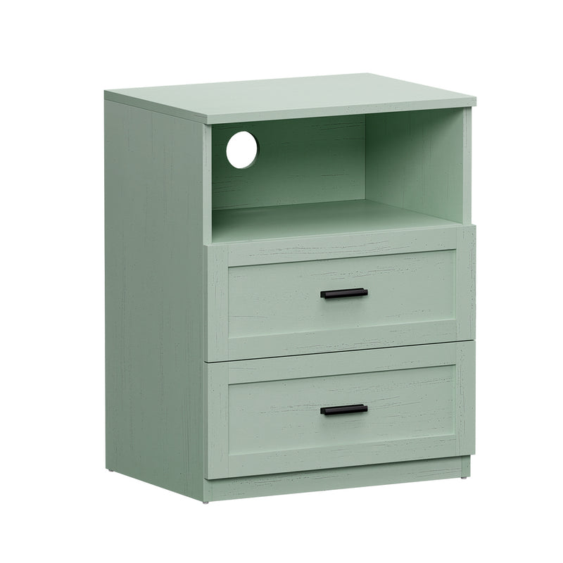 Oikiture Bedside Table 2 Drawers Open Shelf Nightstand Cabinet Green