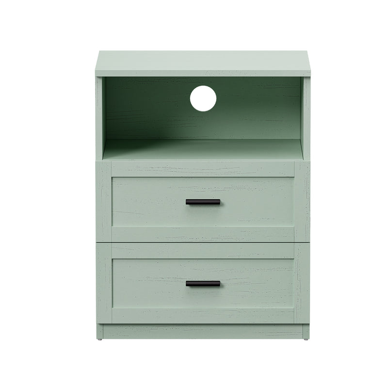 Oikiture Bedside Table 2 Drawers Open Shelf Nightstand Cabinet Green