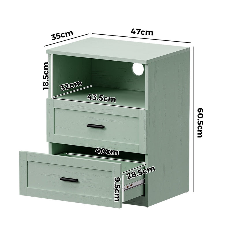 Oikiture Bedside Table 2 Drawers Open Shelf Nightstand Cabinet Green