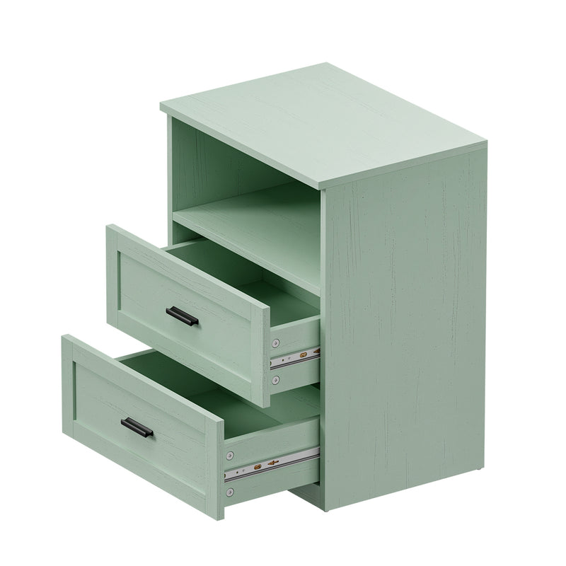 Oikiture Bedside Table 2 Drawers Open Shelf Nightstand Cabinet Green