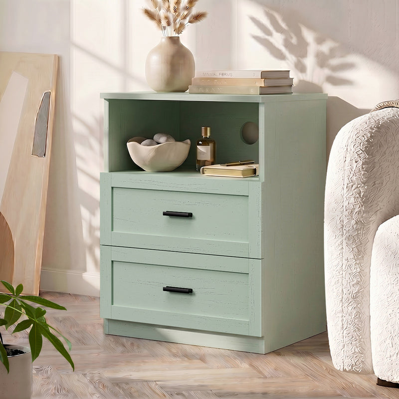 Oikiture Bedside Table 2 Drawers Open Shelf Nightstand Cabinet Green