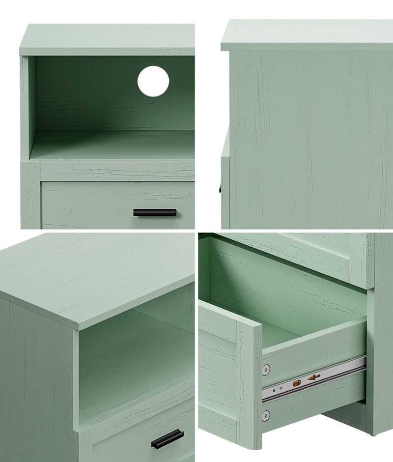 Oikiture Bedside Table 2 Drawers Open Shelf Nightstand Cabinet Green