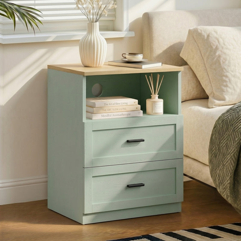 Oikiture Bedside Table 2 Drawers Shelf Nightstand Natural&Green