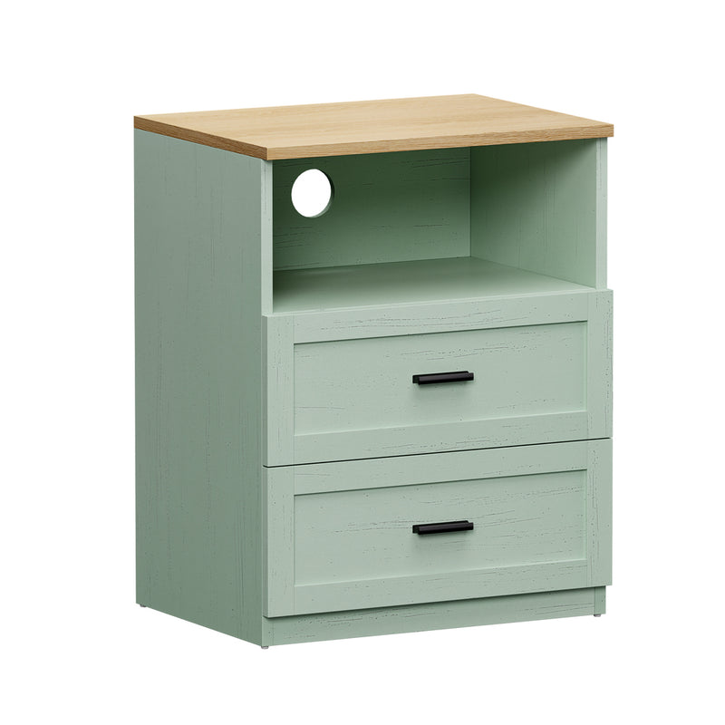 Oikiture Bedside Table 2 Drawers Shelf Nightstand Natural&Green