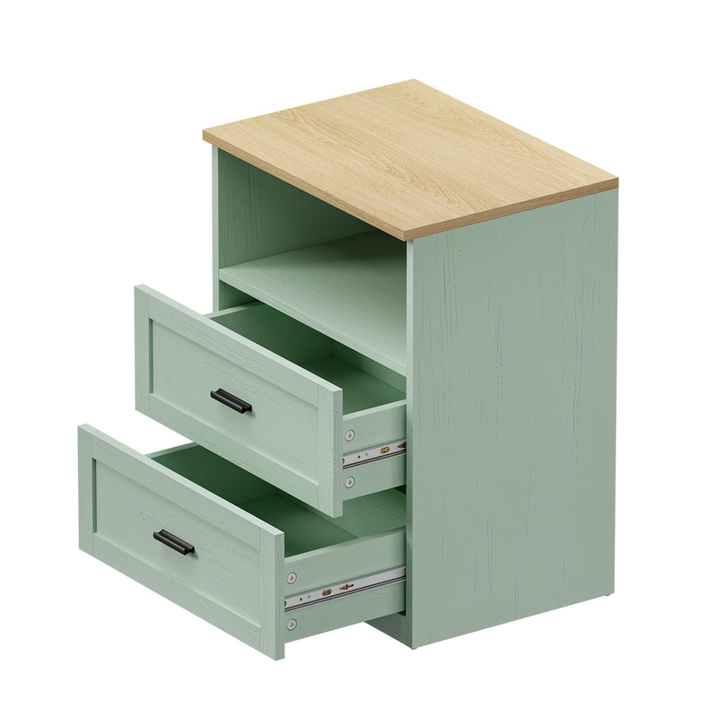 Oikiture Bedside Table 2 Drawers Shelf Nightstand Natural&Green
