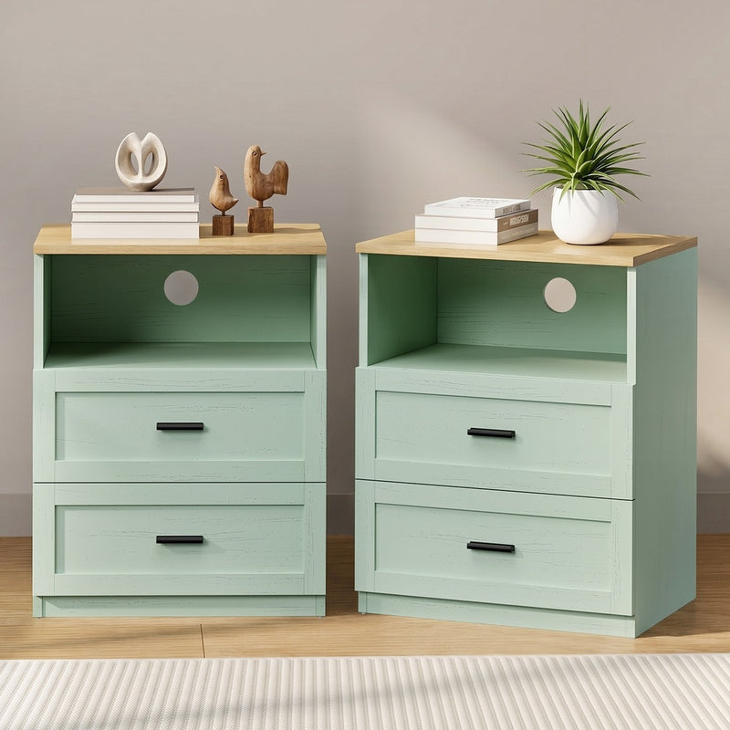 Oikiture 2pc Bedside Table 2 Drawers Shelf Nightstand Natural&Green