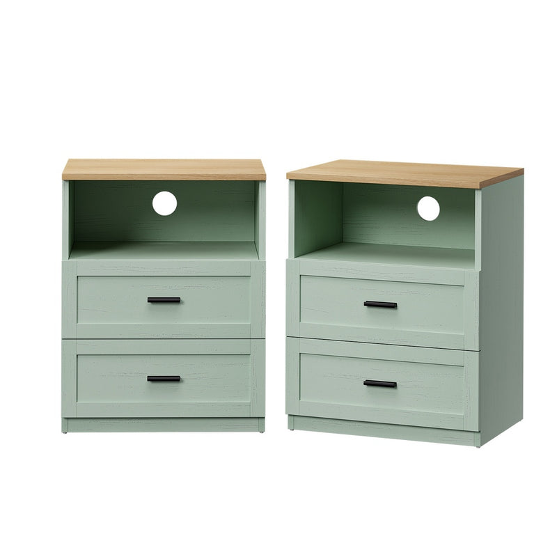 Oikiture 2pc Bedside Table 2 Drawers Shelf Nightstand Natural&Green