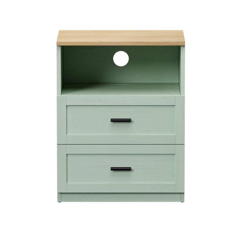 Oikiture 2pc Bedside Table 2 Drawers Shelf Nightstand Natural&Green