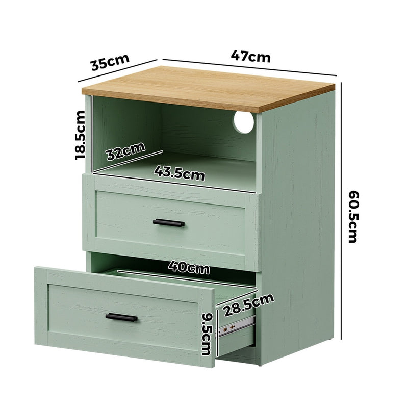 Oikiture 2pc Bedside Table 2 Drawers Shelf Nightstand Natural&Green