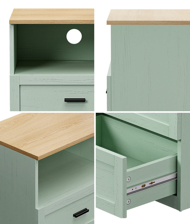 Oikiture 2pc Bedside Table 2 Drawers Shelf Nightstand Natural&Green
