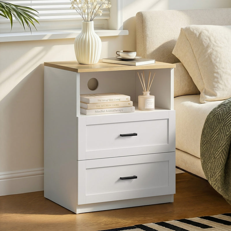 Oikiture Bedside Table 2 Drawers Open Shelf Nightstand Natural&White