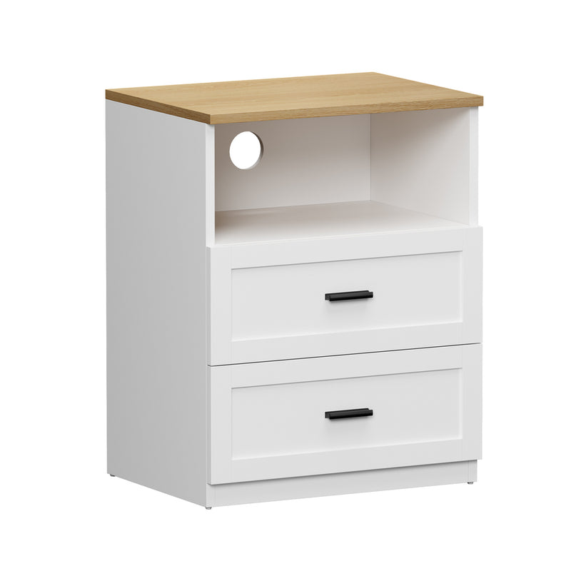 Oikiture Bedside Table 2 Drawers Open Shelf Nightstand Natural&White