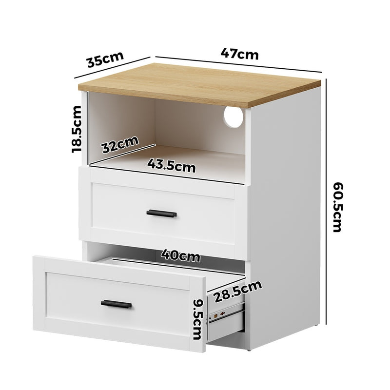 Oikiture Bedside Table 2 Drawers Open Shelf Nightstand Natural&White