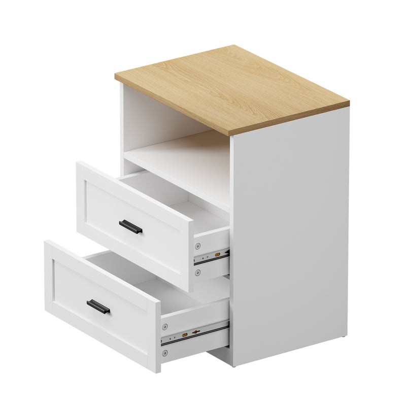 Oikiture Bedside Table 2 Drawers Open Shelf Nightstand Natural&White