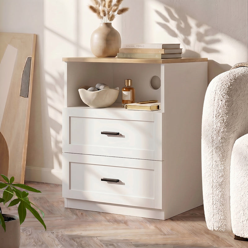 Oikiture Bedside Table 2 Drawers Open Shelf Nightstand Natural&White