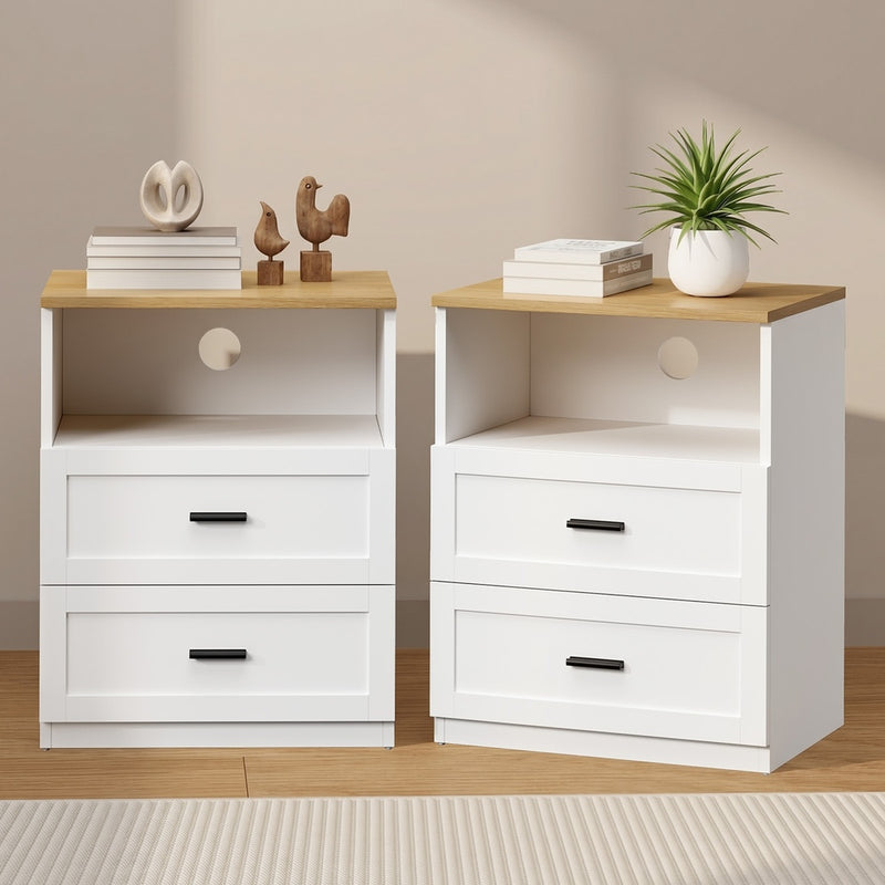 Oikiture 2pc Bedside Table 2 Drawers Shelf Nightstand Natural&White