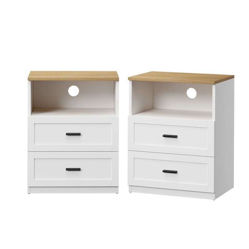 Oikiture 2pc Bedside Table 2 Drawers Shelf Nightstand Natural&White