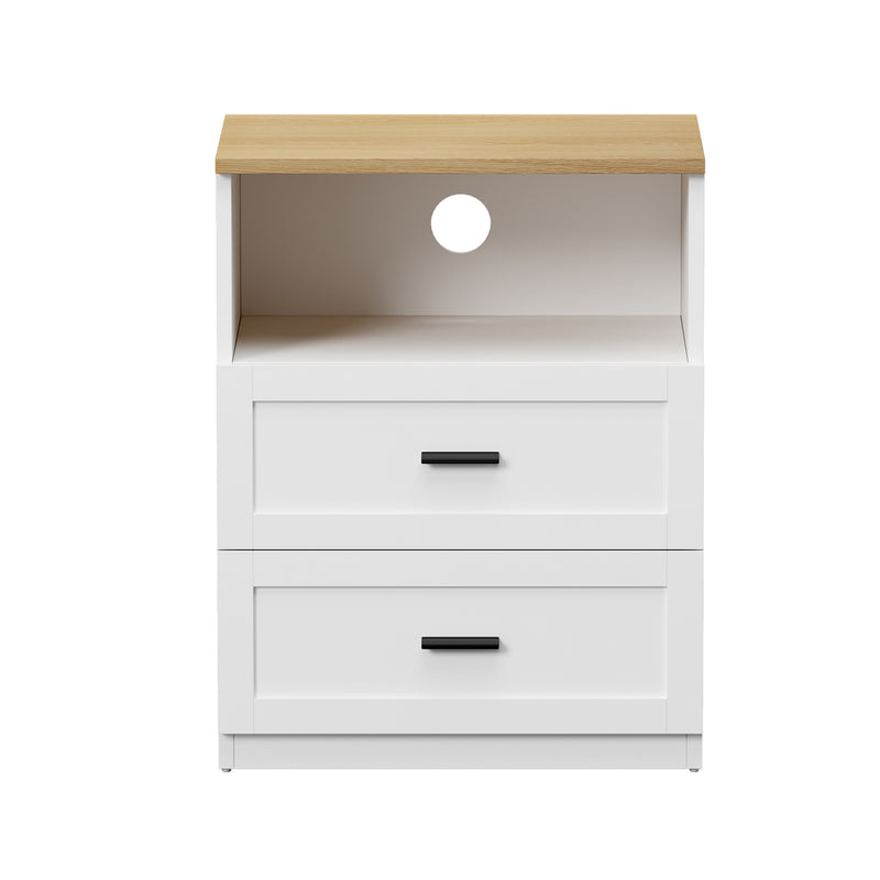 Oikiture 2pc Bedside Table 2 Drawers Shelf Nightstand Natural&White